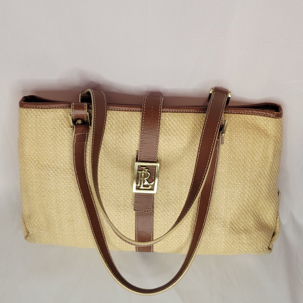 Vintage 90s Lauren Ralph Lauren straw look purse leather details